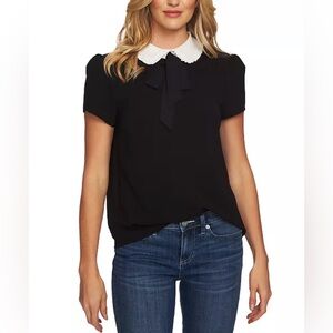 CeCe Black Blouse with White Ruffled Peter Pan Collar